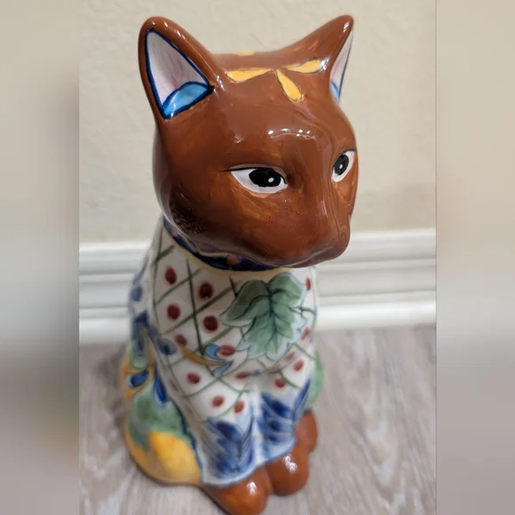 Vibrant Hand Painted Ceramic Cat Figurine - Picture 2 of 6